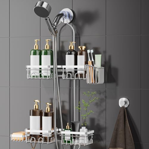 DAOYA Shower Caddy Hanging - Over Shower Head Caddy, 0.82 inch Universal with 2 Shelves, Soap Holder, Toothbrush Holder & Reusable Suction Hook, Complete Silver Bath Organizer Set - color: Silver