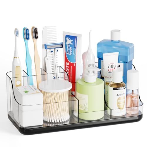 Yieach Mens Bathroom Organizer and Storage,Black Bathroom Sink Caddy Countertop,Large 7 Slot Vanity Bathroom Toiletry Organizers and Toothbrush Holders for Toothpaste,Electric Tooth Brush Organizer - color: Black+clear