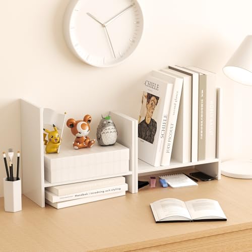 Desk Shelves Wood Desktop Orgnizer Shelf. Office Organization for Top of Desk Organizers and Accessories Bookshelf Shelving,Adjustable Tier H-Shape Mini Bookcase(White) - color: White