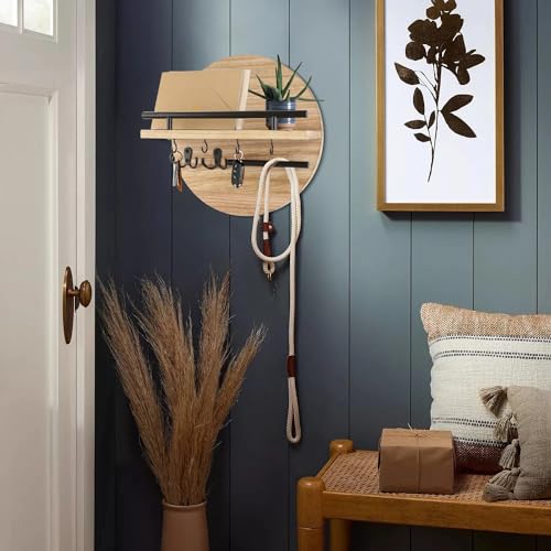 Gurfuy Key Holder for Wall with Shelf - Wood Mail Organizer and Rack with Shelf Hooks Wall Mounted for Entryway Decor Magazines Letter Storage Farmhouse Living Room Bedroom Doorway (Nature) - color: Nature