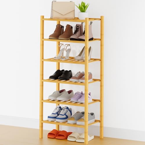 Smiry Shoe Rack, 6 Tier Thick Small Bamboo Shoe Organizer, Stackable Free Standing Wooden Shoe Storage Shelf for Closet, Entryway, Front Door Entrance, Natural - color: Natural, size: 17.32" Wide - 6 Tier - Thicker