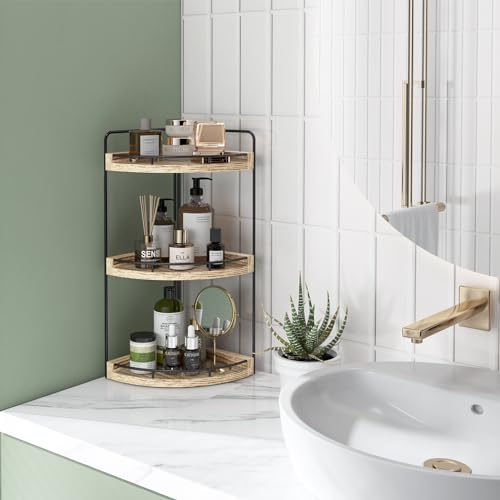 Fixwal Bathroom Counter Organizer, 3 Tier Rustic Bathroom Shelves Corner Organizer, Wood Countertop Storage Tray for Vanity, Kitchen, Bedroom (Light Brown) - color: Light Brown