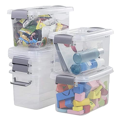 6-Pack Home Storage Bins, Plastic Container, Latching Box with Handle (Grey handle) - color: Grey handle