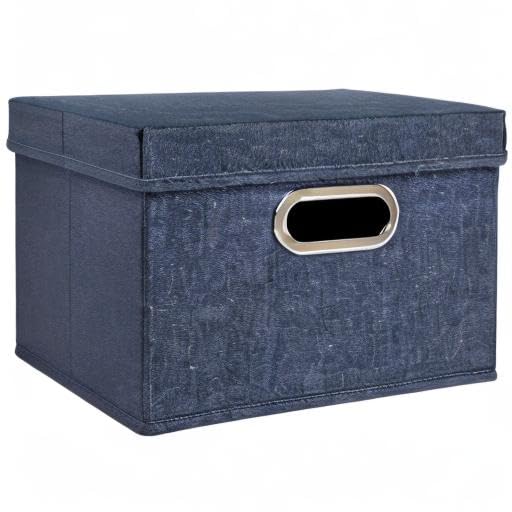 Household Essentials Collapsible Cotton Blend Storage Box with Lid and Metal Grommet Handle, Set of 2, Denim - color: Denim, size: 2 Count