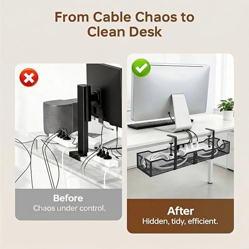 Upgraded 25.2'' Under Desk Cable Management Tray, No Drill Clamp-On Design Wire Organizer, Cable Organization Box for No Damage to Desk, Metal Cord Organizer for Home Office, Black - color: Black