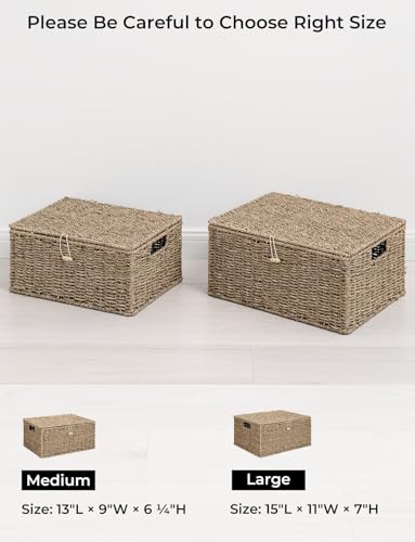 StorageWorks Seagrass Wicker Baskets for Organizing, Large Wicker Basket with Lid, Decorative Basket with Built-in Handles, Storage Baskets for Shelves, 1 Pack - color: Natural(Seagrass), size: 15"L × 11"W × 7"H
