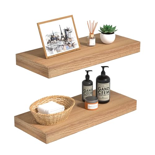 INHABIT UNION Oak Floating Shelves Wood for Wall 15.7in Wall Mounted Display Ledge Shelves Perfect for Bedroom, Bathroom, Living Room and Kitchen Decoration Storage (Set of 2) - color: Oak, size: 15.7 Inch