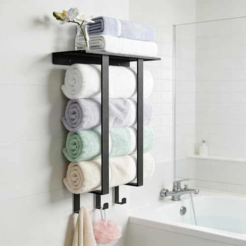 Towel Racks for Bathroom, Towel Rack with Shelf and 3 Hooks, Towel Storage Holders Wall for Rolled Bath Towels, Black - color: Black, size: Square Tube