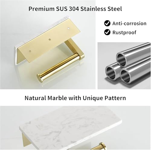 BWE Brushed Gold Toilet Paper Holder with Marble Shelf, Toilet Paper Roll Holder Wall Mounted, Toilet Paper Roll Holder with Phone Shelf 304 Stainless Steel Tissue Holder for Bathroom Washroom - color: Brushed Gold