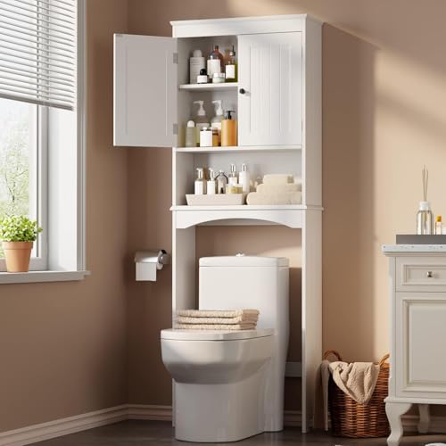 Gizoon Over the Toilet Storage Cabinet with Adjustable Shelf and Double Doors, Bathroom Space Saver Organizer Above Toilet with Open Shelf, Taller Wooden Free Standing Toilet Rack -White - color: White