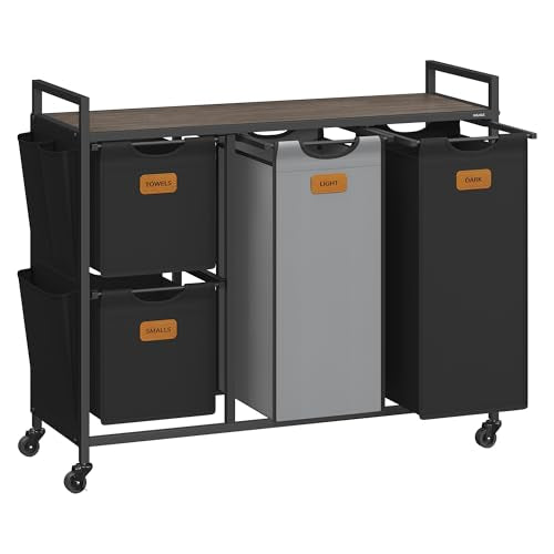 VASAGLE Laundry Hamper with 4 Compartments, 39.6 Gal. (150 L) Laundry Sorter, Rolling Laundry Cart with Shelves, Small Side Pockets, 6 Labels, Chestnut Brown, Ink Black and Dove Gray UBLH203B01 - color: Chestnut Brown + Ink Black + Dove Gray, size: 4 Bags