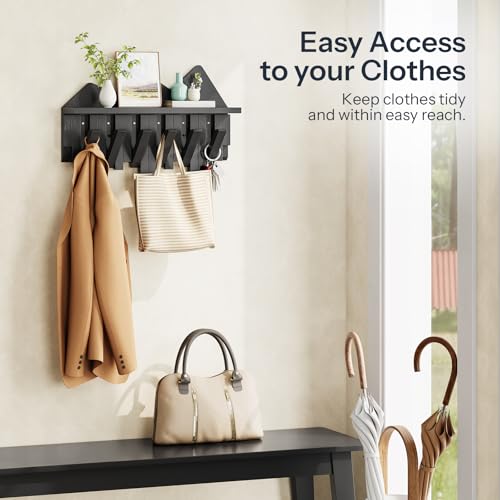 HOOBRO Wall Hooks with Shelf, Coat Rack with Shelf Wall-Mounted, Entryway Wall Key Holder, Hat Rack for Walls, Purse Hanger for Wall, Entryway Hanging Shelf with 6 Retractable Pegs, Black BK46YM01 - color: Black