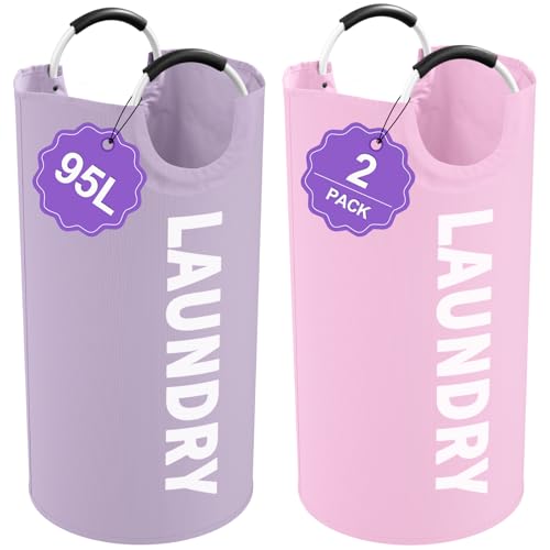 2Pcs 95L Purple + Pink Laundry Basket, Folding Laundry Hampers for Women with Soft Handles, Freestanding Dirty Clothes Basket, Sturdy Oxford Fabric Clothes Hampers for Travel, Dormitory - color: Purple + Pink, size: L-95L