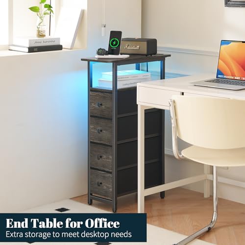 Yoobure LED Narrow Nightstand with Charging Station - Slim Dresser for Bedroom Narrow Side Table Storage Cabinet, Small Dressers Chest of Drawers, Tall Skinny Night Stand End Table for Small Spaces - color: Grey