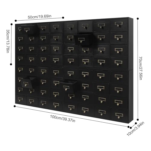 64-Drawer Vintage Wooden Storage Box, Traditiona Desk Apothecary Cabinet with Drawers, vulti Level Countertop Arts Card Catalog Drawer Organizer, Library Card Catalog Storage Cabinet Apothecary, Black