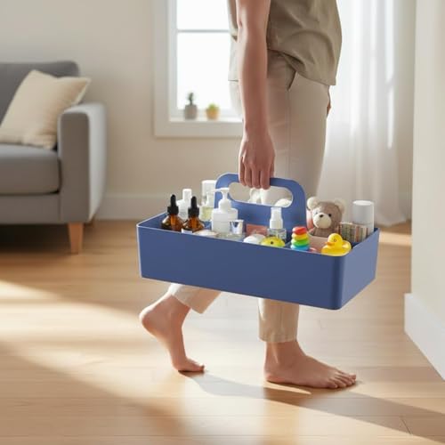 Bathroom Makeup organizer Countertop with Handle,Skincare Organizer Caddy for Vanity,Storage Box with Handle,Large Cosmetic Display case for Dresser,Large Size - color: M2(White+Blue)