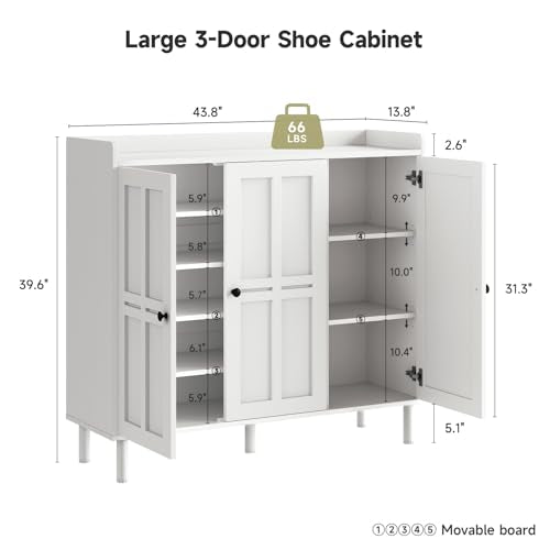 ONBRILL Shoe Cabinet with 3 Doors and Adjustable Shelves, 30 Pairs Shoe Storage Cabinet, 40 Inch Tall Farmhouse Shoe Rack Shoe Organizer Cabinet for Entryway Living Room Closet, White - color: White