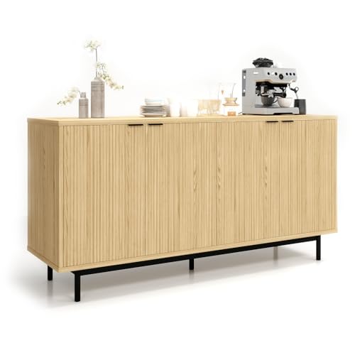MUUEGM Buffet Cabinet with Storage, 58" Fluted Sideboard Kitchen Storage Cabinets with Shelves and 4 Doors, Modern Wood buffets & Sideboards for Dinging Room, Living Room, Natural Storage Cabinet - color: Natural