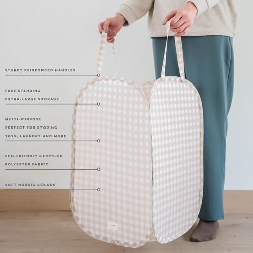 3 Sprouts Pop Up Hamper - Collapsible Laundry Basket, Popup & Foldable Design - Durable Waterproof Fabric for Dirty Clothes, Toys & Towels - Ideal for Dorm, Bedroom & Baby Nursery, Gingham Beige - color: Gingham Beige