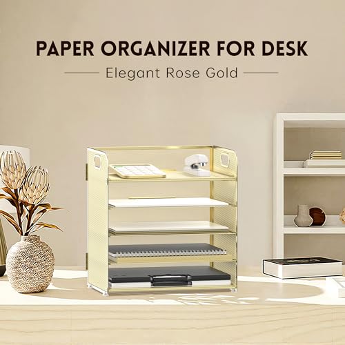 Supeasy 5 Trays Paper Organizer Letter Tray with Handle-Mesh Desk File Organizer, Paper Sorter Desk Organizer for Office, Home or School (Golden) - color: Golden