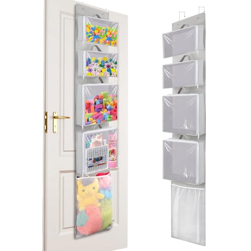 Woodoulogy Over Door Organizer and Storage, Hanging Toy Holder with 4 Clear Removable Pouches, Toddler Room Wall Stuffed Animal Bag Case, Kids Playroom Closet Organization for Building Block, Puzzle - color: Grey