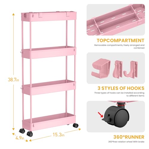 SPACELEAD Slim Storage Cart 4 Tier,Bathroom Organizer Rolling Utility,Mobile Shelving Unit Slide Out for Office, Kitchen, Laundry Room & Narrow Places,Pink - color: Pink