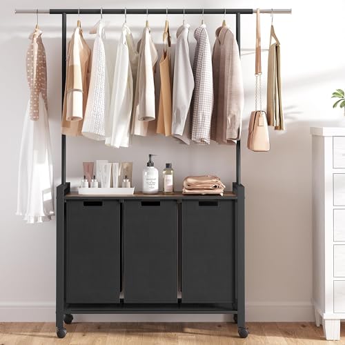 IDEALHOUSE Laundry Sorter, Rolling Laundry Hamper with Hanging Rack, Laundry Hamper 3-Section with Wheels, Hampers for Laundry, Laundry Basket Organizer for Laundry Room, Rustic Brown - size: L2 Size
