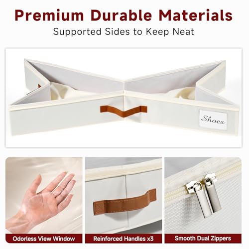Under Bed Storage with Wheels Set of 2, Underbed Storage Container with Clear Lid Cover, 6.7 Inches Height Rolling Under Bed Drawer Storage Basket Bin Shoe Organizer for Cloth Sheet Sweater - color: Beige