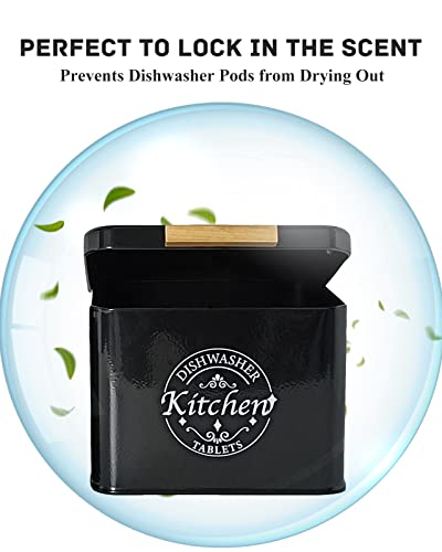 Dishwasher Pod Container with Hinged Lid. Farmhouse Metal Dishwaser Pods Holder for Kitchen Cabinet Organizer. Modern Kitchen Decor and Accessories. Dishwasher Detergent Tablet Storage (Black) - color: Black