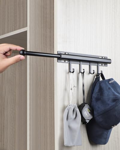 BaiNong 12 inch Valet Rod for Closets Pull Out Closet Valet Rod Slide Out Black Pull Out Clothes Hanger With 4 Hooks - color: Black, size: 12 Inch