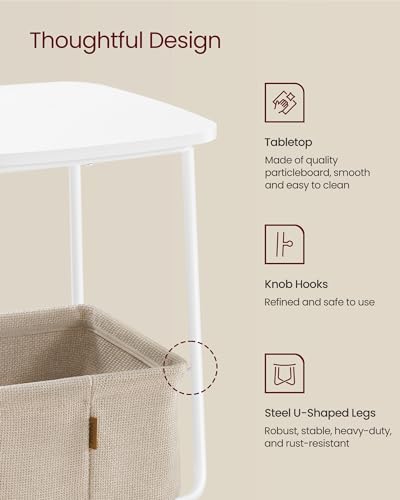 VASAGLE LILEA Collection - Side End Table with Fabric Basket, Modern Nightstand, Square Bedside Table, for Living Room, Bedroom, Matte White and Camel Brown ULET229W10 - color: Matte White + Camel Brown, size: Square + 1 pack