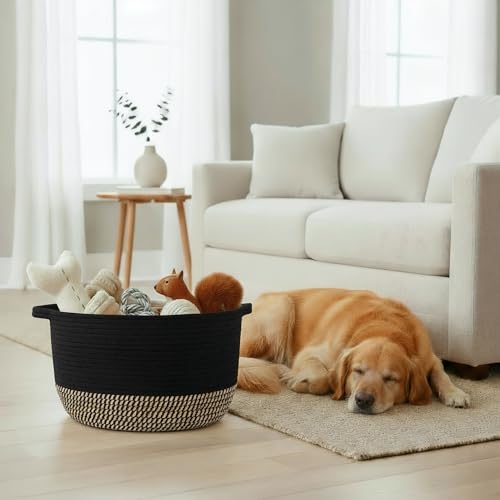 Stylish Cotton Rope Storage Basket For Dog Toys, Magazines or Books - The Perfect Woven Bin with Handles For Everyday Organization Reduces Clutter in Your Rooms - A Decorative Gift & Storage Box - color: Black