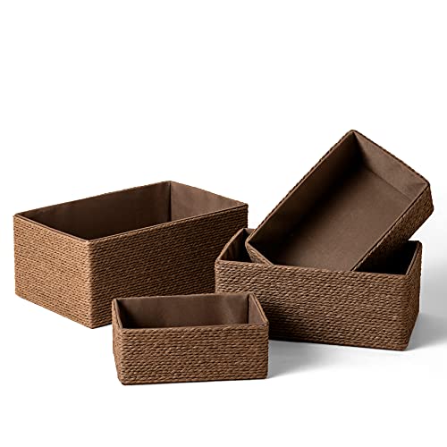 Paper Rope Woven Storage Basket Set of 4 with Fabric Liner, Stackable Multipurpose Organizer Bin, Brown - color: Brown