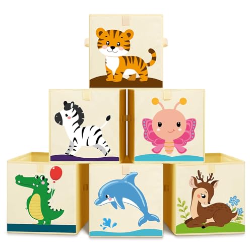 Kigley 6 Pcs Collapsible Cube Storage Bins Kids Foldable Storage Cube Organizer Fabric Toy Box Decorative Kids with Handles for Home Nursery Bedroom, 10.6 x 10.6 Inch(Vivid Animal) - style: Vivid Animal
