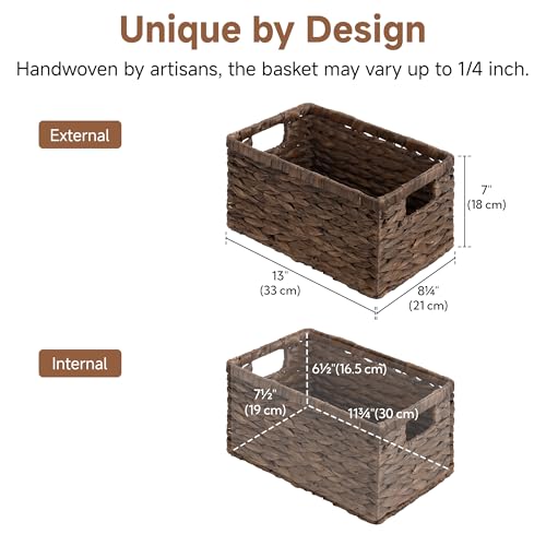 StorageWorks Storage Baskets for Organizing, Water Hyacinth Baskets for Shelves, Organizer Basket with Handles, Decorative Storage Basket for Closet, Pantry Organizers - color: Brown(Water Hyacinth), size: 2x 13¼"L x 8¼"W x 7"H