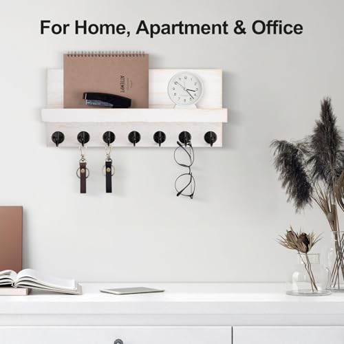 Lwenki Key Holder Wall Mount, Entryway Key and Mail Holder with 7 Sturdy Hooks for Sunglasses, Dog Leash, Decorative Wall Shelf with Mounting Hardware, 15”W x 6.7”H x 4.2”D - color: Vintage White