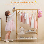 Foldable Kids Clothing Rack - Dress Up Storage with 2 Fabric Shelves, Bamboo Small Clothes Rack for Hanging Organizer, Kids Costume Wardrobe & Dress Up Rack for Bedroom, Playroom, Nursery (Natural)