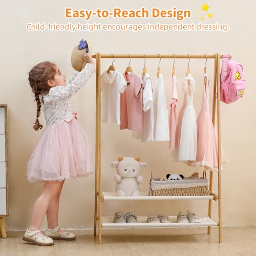 Foldable Kids Clothing Rack - Dress Up Storage with 2 Fabric Shelves, Bamboo Small Clothes Rack for Hanging Organizer, Kids Costume Wardrobe & Dress Up Rack for Bedroom, Playroom, Nursery (Natural)