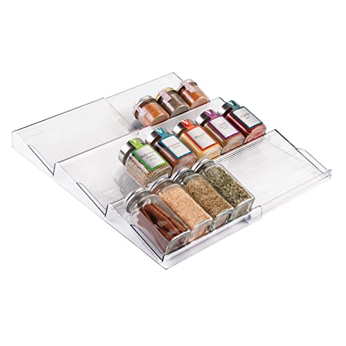 mDesign Expandable Plastic Deluxe Spice Rack, Drawer Organizer for Kitchen Cabinet Drawers, 3 Tier Slanted for Spice Jars, Food Seasoning Bottle Storage, Ligne Collection - Clear - color: Clear