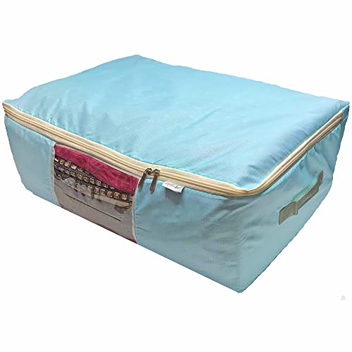 Madam Sew Quilt Blanket Storage Bag|Blanket Organizer|Comforter Storage for Clothes, Quilts, Bedding|Linen Bag Storage with Visible Front Panel, Strong Handles & 2-Way Zipper - Turquoise 22x15x8" - color: Turquoise