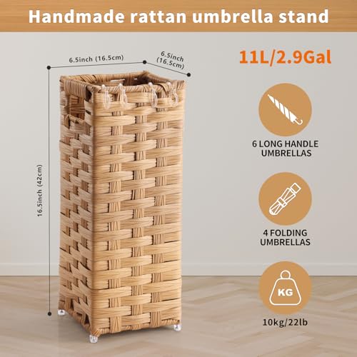 Rattan Umbrella Stand, Umbrella Holder for Entryway, Hand Woven Umbrella Rack Organizer Freestanding, with a Detachable Drip Tray, 4 Hooks, 6.5" L x 6.5" W x 16.5" H, Natural - color: Natural, size: S(6.5" L x 6.5" W)