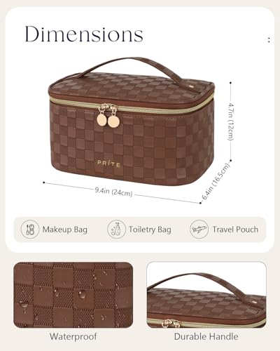 Prite Makeup Bag, Large Capacity Portable Travel Cosmetic Bag, Waterproof Makeup Organizer for Women with Handle and Divider (001 Checkered Brown) - color: 001 Checkered Brown