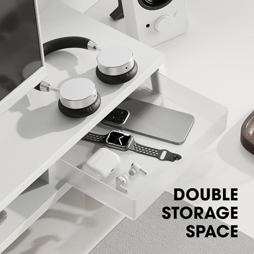 Fenge Dual Monitor Riser with Drwrs, Monitor Stand for Desk, 42.5 Inch Large Computer Monitor Stand for 2 27 Inches Monitors, 2 Tier Wooden Desk Shelf - color: White1