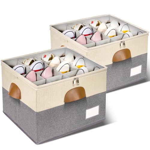2 Pack Shoe Organizer for Closet, Adjustable Shoe Box Storage Containers, Large Foldable Shoe Bins with Clear Cover, Space Saving Shoes Holder with 4 Handles, Fits 16-32 Pairs, Beige - color: Beige and Grey, size: (2 Pack) 17"L x 17"W x 12 ½"H