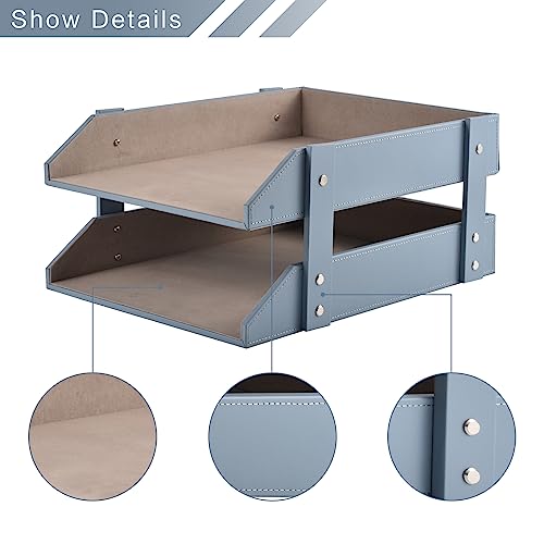 Leather Desk Letter Tray,Office Supplies Paper Organizer for Mail Paper Files Magazines Jewelry Cosmetics,Fashion Letter Holder& 2-Tier Multipurpos Stackable Office Desktop Storage Box,Grey - color: Gray