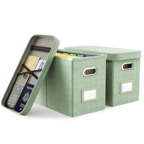 Oterri Hanging Filing File Box with Mesh Pocket, File Organizer Box with Lid, Collapsible Document Organizer Box for Letter Size, Easy Slide Durable Storage Box for Office/Decor/Home (2 PCS, Green) - color: Green, size: 2 PCS