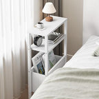 Narrow Side Table, Slim End Table with Magazine Rack, Bedside Table for Small Spaces, 3 Tier Sofa Couch Table Nightstand for Living Room, Bedroom, White LET503W - color: White