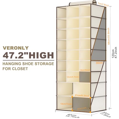 VERONLY Hanging Shoe Organizer for Closet-Collapsible Storage Rack with 25 Sections & 4 Side Pockets, Hanging Shoe Shelves for Hats,and Clothes, Beige - style: 3-Column Beige