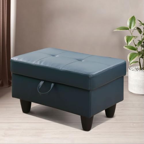 Ottoman Storage Ottoman Bench Faux Leather Footrest Footstool with Hinged Lid for Living Room, Bedroom, Entryway, Denim, 28.5"X19"X17.5" - color: Denim