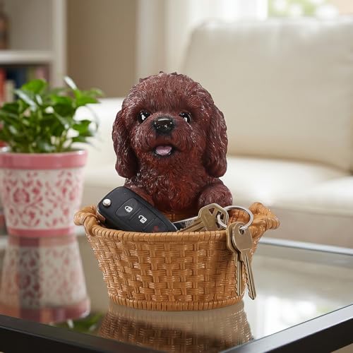 Valet Tray & Key Organizer Bowl for Entryway Console Featuring Red Poodle - Dog Figurine Trinket Dish & Candy Holder - Cozy Animal Table Centerpiece - color: Poodle with Wide Bowl - Red, size: Poodle